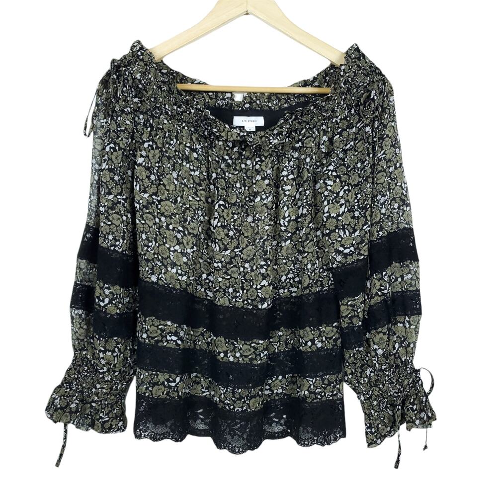 R/R Studio Top XS Black Green Off Shoulder Floral Flower Silk Blouse Shirt